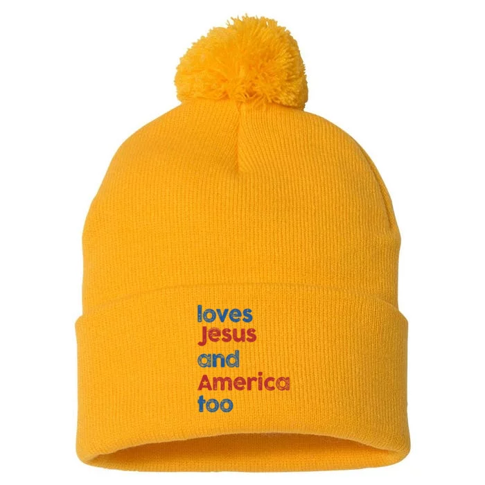 Loves Jesus and America Too God Christian 4th of July Pom Pom 12in Knit Beanie