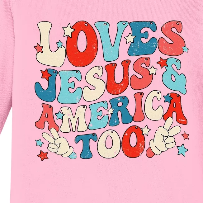 Loves Jesus and America Too Groovy 4th of July God Christian Baby Long Sleeve Bodysuit