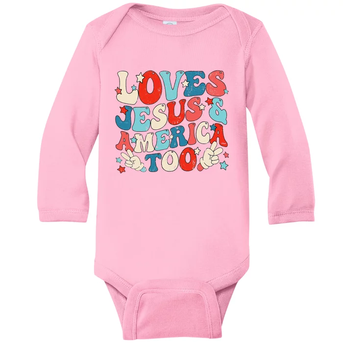 Loves Jesus and America Too Groovy 4th of July God Christian Baby Long Sleeve Bodysuit