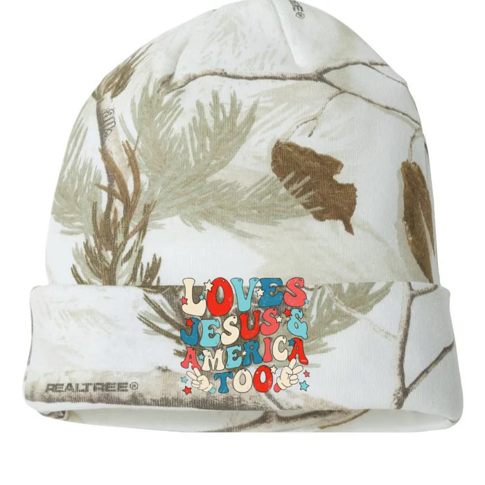 Loves Jesus and America Too Groovy 4th of July God Christian Kati - 12in Camo Beanie