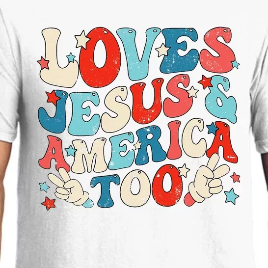 Loves Jesus and America Too Groovy 4th of July God Christian Pajama Set