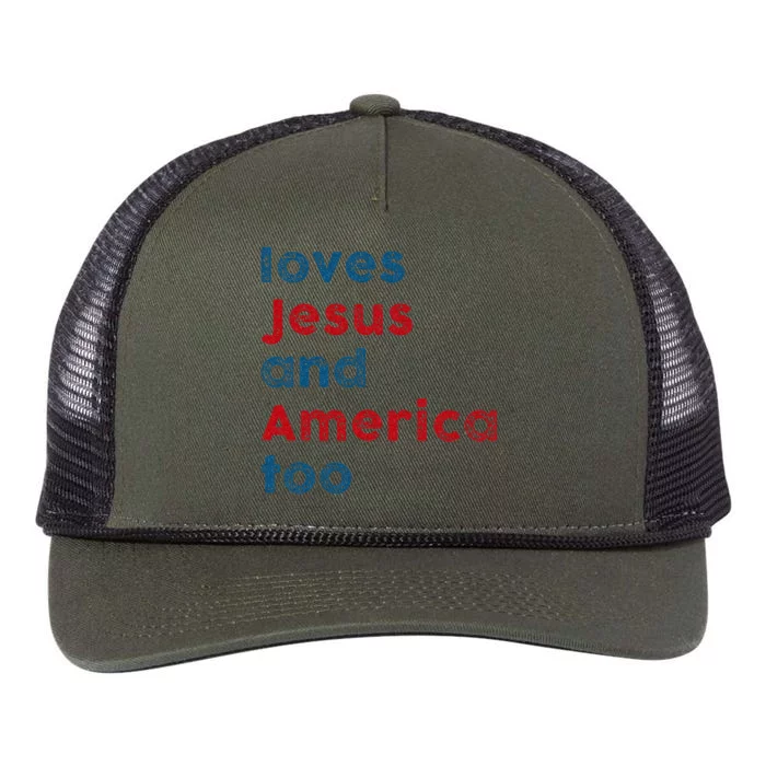 Loves Jesus And America Too Patriotic Proud Retro Rope Trucker Hat Cap