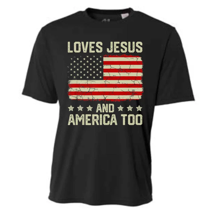 Loves Jesus And America Too 4th Of July Proud American Flag Cooling Performance Crew T-Shirt