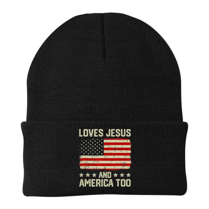 Loves Jesus And America Too 4th Of July Proud American Flag Knit Cap Winter Beanie