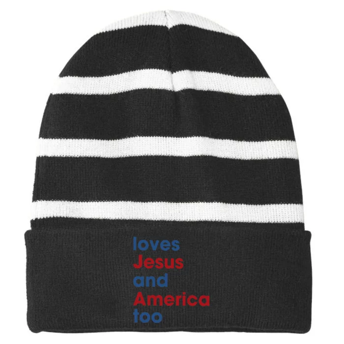 Loves Jesus And America Too 4th of July Proud Striped Beanie with Solid Band