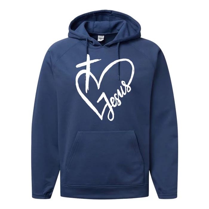 Love Jesus Cross Heart Performance Fleece Hoodie