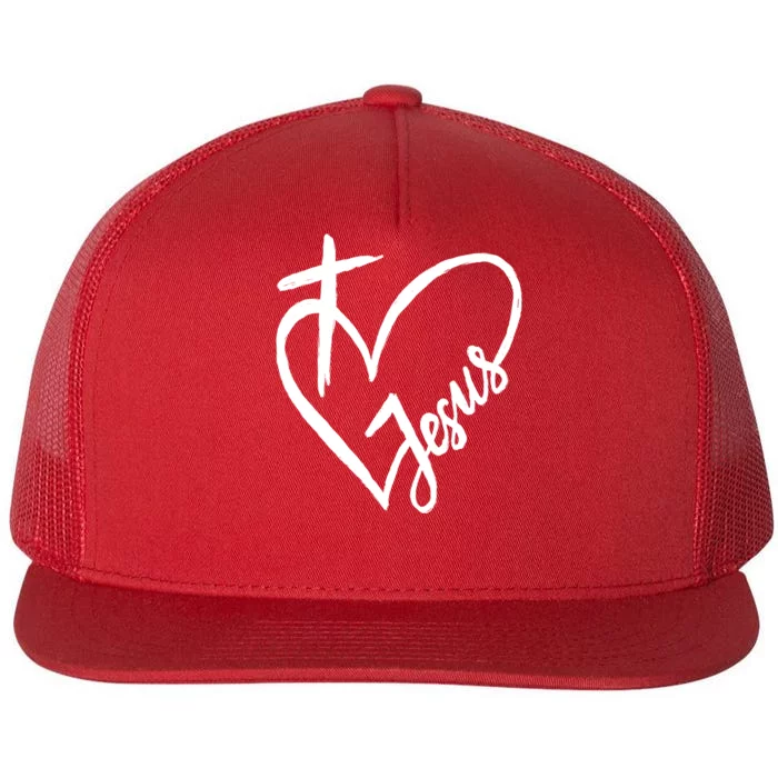 Love Jesus Cross Heart Flat Bill Trucker Hat