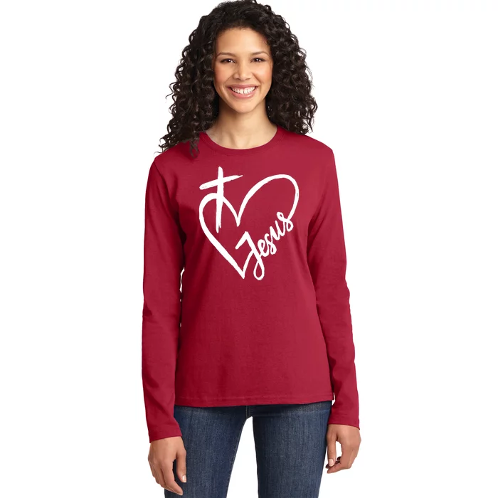 Love Jesus Cross Heart Ladies Long Sleeve Shirt