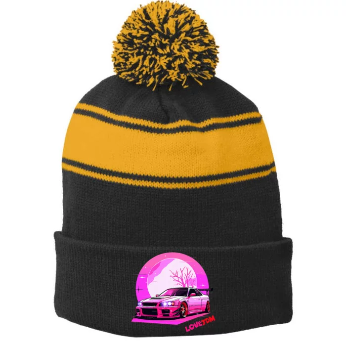 Love Jdm Girl Racer Japanese Modified Race Car Stripe Pom Pom Beanie