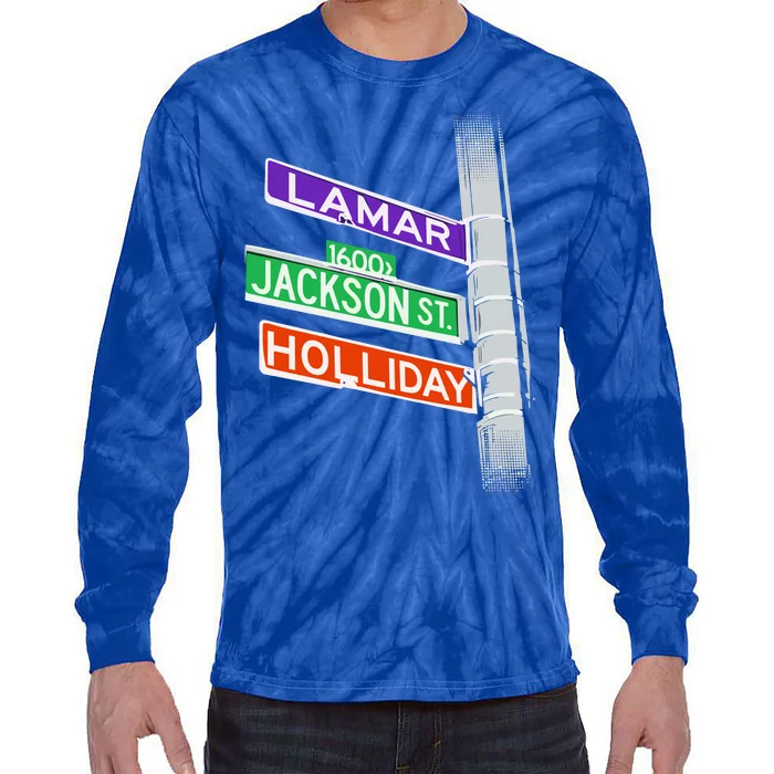 Lamar Jackson Holliday Street Sign Tie-Dye Long Sleeve Shirt