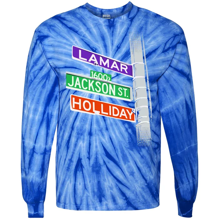 Lamar Jackson Holliday Street Sign Tie-Dye Long Sleeve Shirt