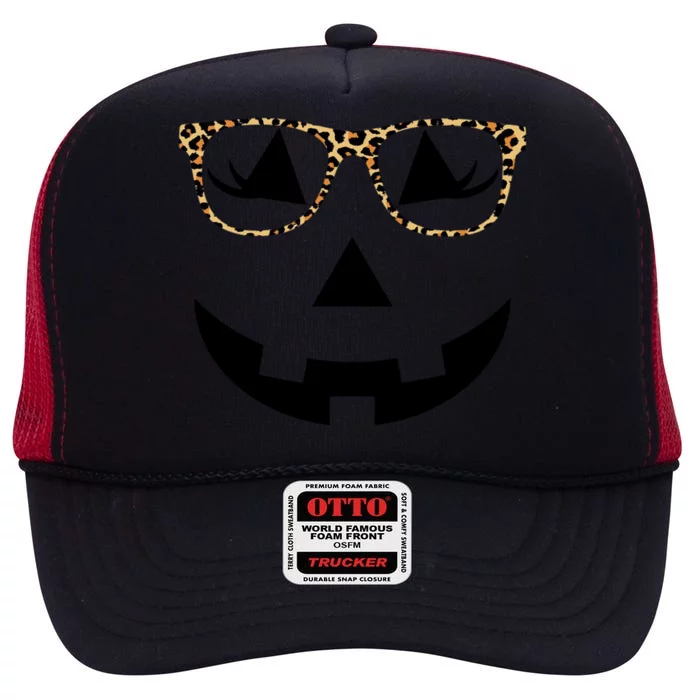 Leopard Jack O Lantern Pumpkin Face High Crown Mesh Trucker Hat