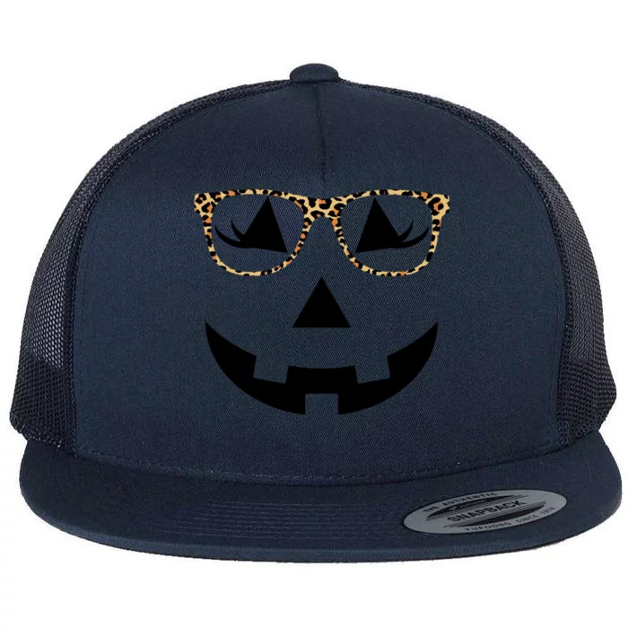 Leopard Jack O Lantern Pumpkin Face Flat Bill Trucker Hat