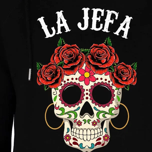 La Jefa Sugar Skull Apparel Mexican Dia De Los Muertos Dead Womens Funnel Neck Pullover Hood