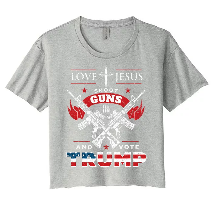 Love Jesus. Shoot Guns. And Vote Trump 2020 Flag Women's Crop Top Tee