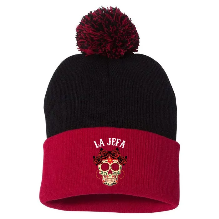 La Jefa Sugar Skull Mexican Dia De Los Muertos Dead Pom Pom 12in Knit Beanie