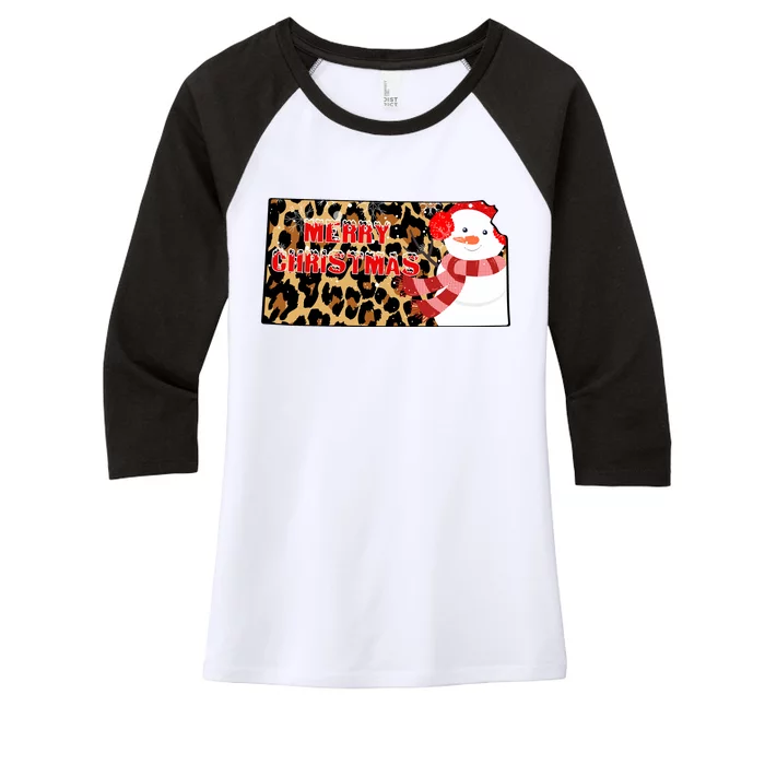 Leopard Kansas Christmas With Snowman Women's Tri-Blend 3/4-Sleeve Raglan Shirt