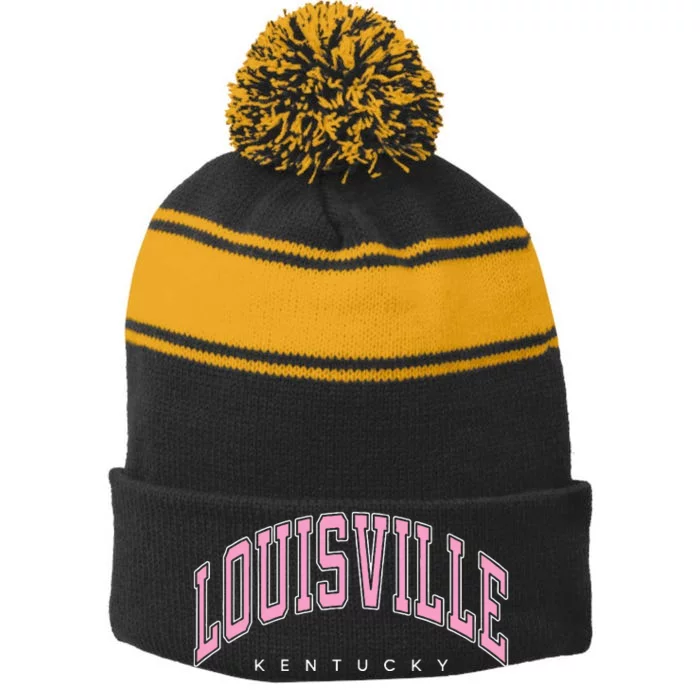 Louisville Kentucky KY Varsity Pink Text Stripe Pom Pom Beanie