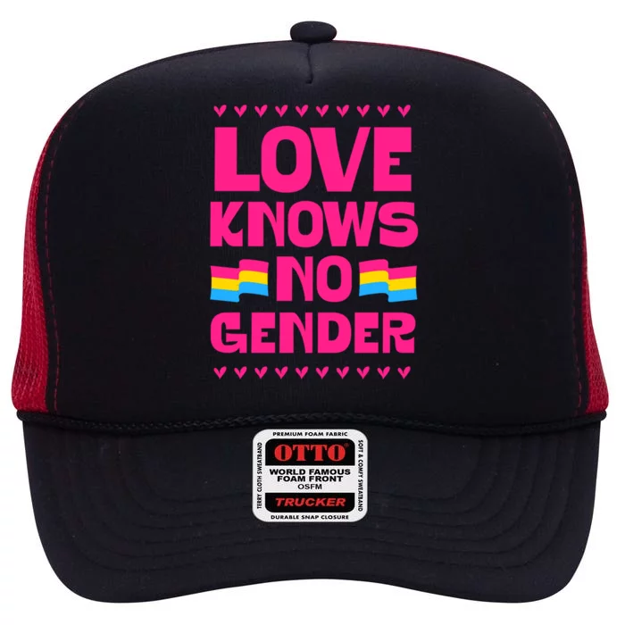 Love Knows No Gender Pansexual Pride Flag Heart Love Style Gift High Crown Mesh Trucker Hat