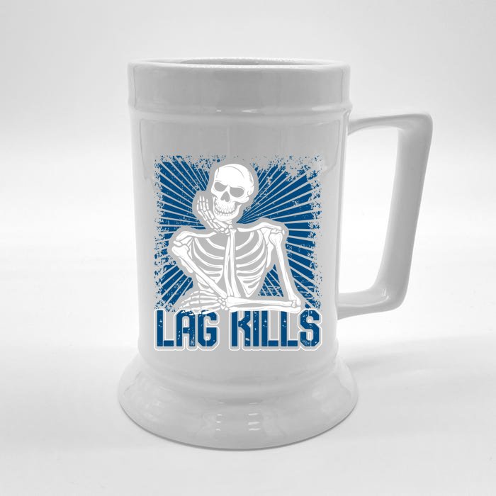 Lag Kills Skeleton Gamer Video Games Blue Funny Gift Front & Back Beer Stein