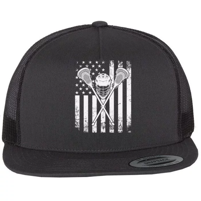 Lacrosse Player Gift LAX American Flag Flat Bill Trucker Hat