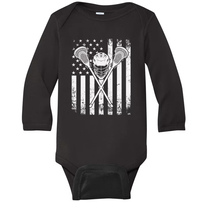 Lacrosse Player Gift LAX American Flag Baby Long Sleeve Bodysuit