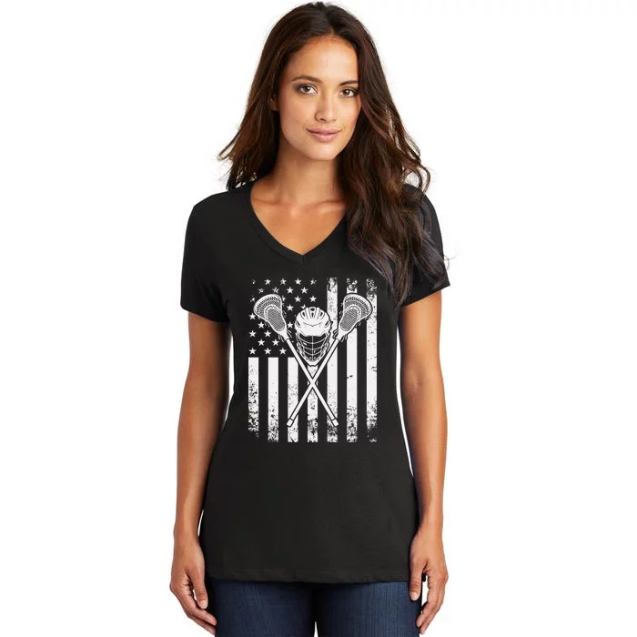 Lacrosse Player Gift LAX American Flag Women's V-Neck T-Shirt