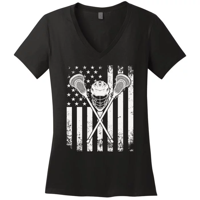 Lacrosse Player Gift LAX American Flag Women's V-Neck T-Shirt