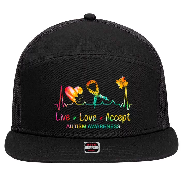 Live Love Accept Autism Month Tie Dye 7 Panel Mesh Trucker Snapback Hat