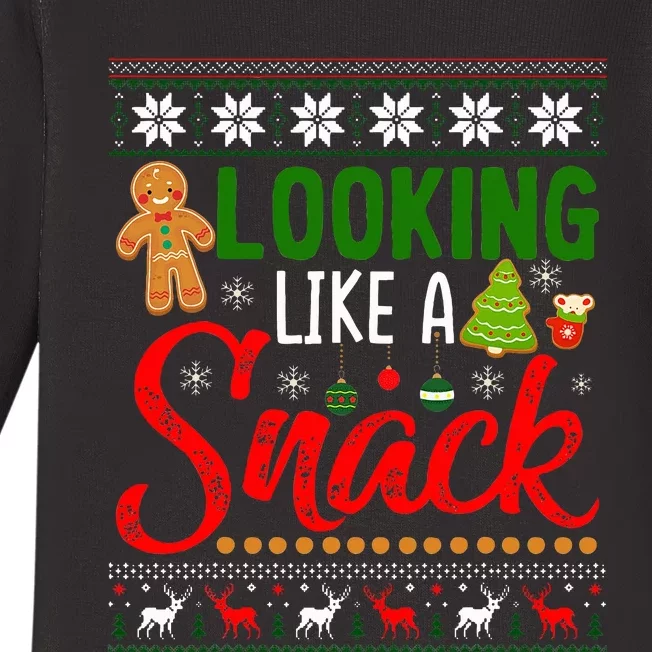 Looking Like A Snack Funny Christmas Cookie Ugly Sweater Baby Long Sleeve Bodysuit