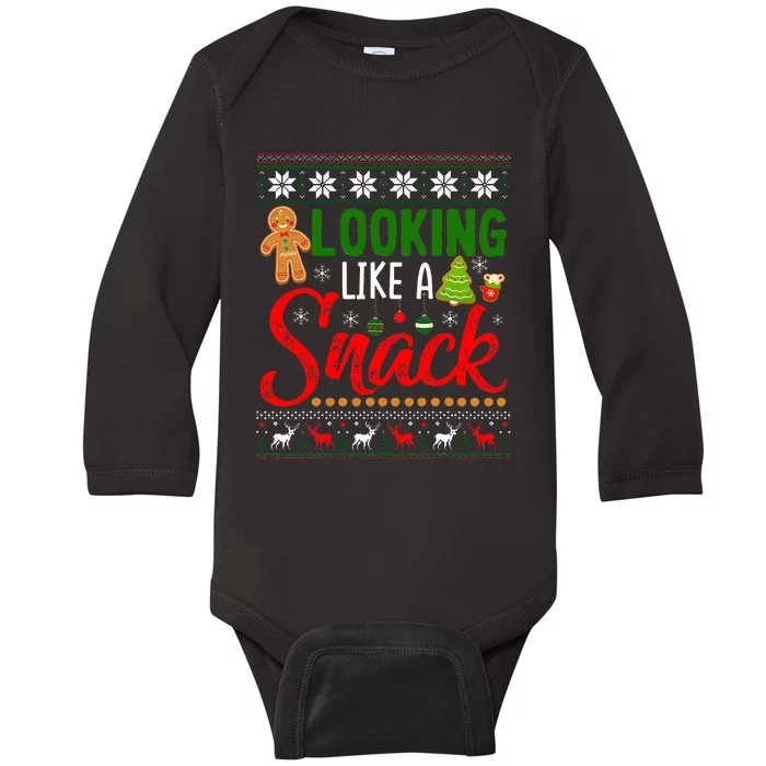 Looking Like A Snack Funny Christmas Cookie Ugly Sweater Baby Long Sleeve Bodysuit