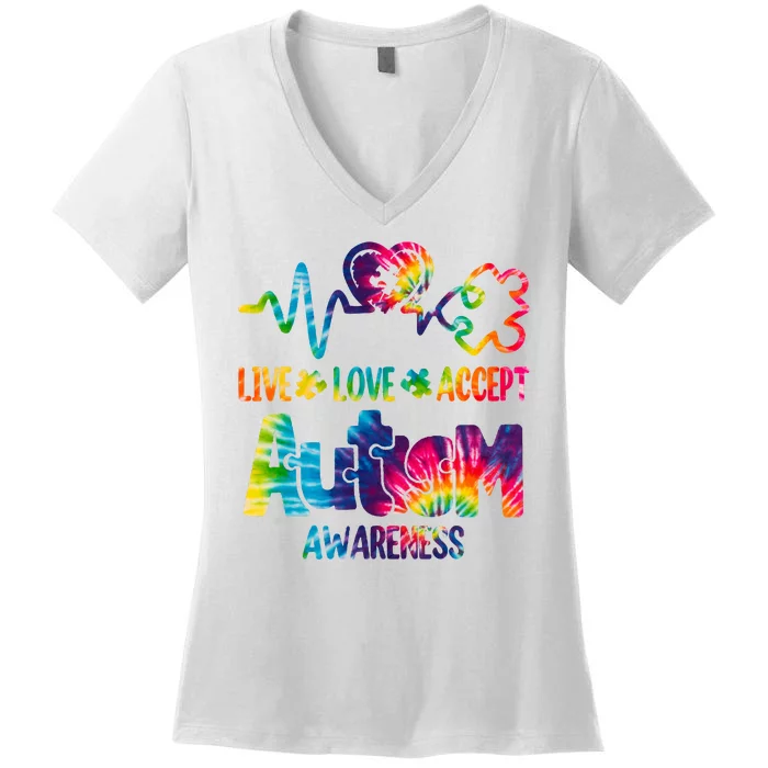 Live Love Accept Autism Awareness Colorful Women's V-Neck T-Shirt