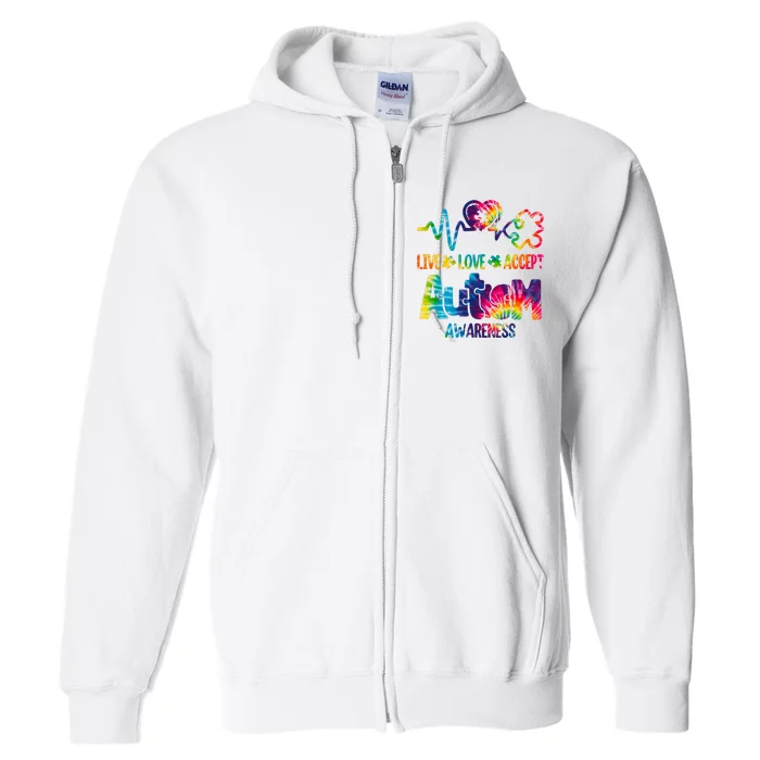 Live Love Accept Autism Awareness Colorful Full Zip Hoodie