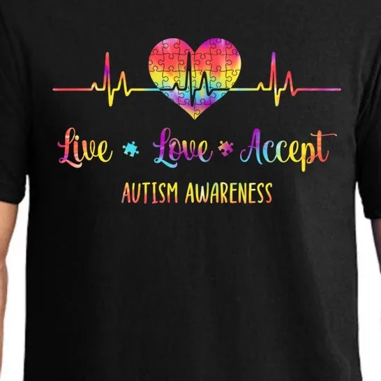 Live Love Accept Autism Awareness Tie Dye Autism Heartbeat Gift Pajama Set