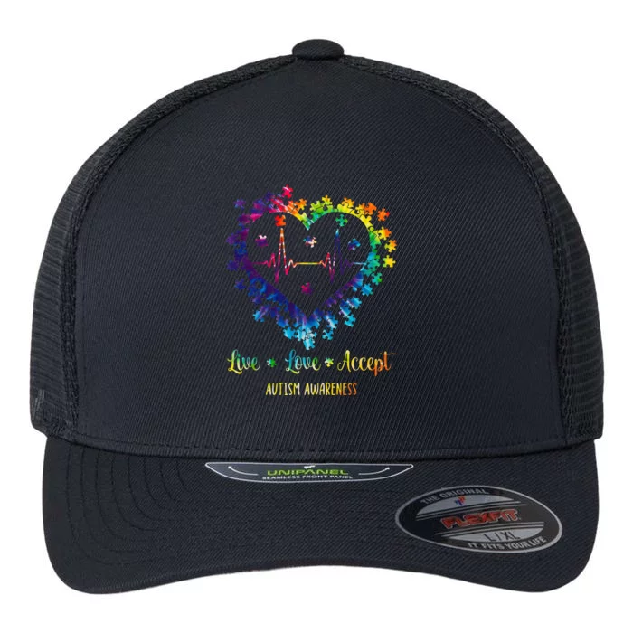 Live Love Accept Autism Awareness Tie Dye Autism Heartbeat Flexfit Unipanel Trucker Cap