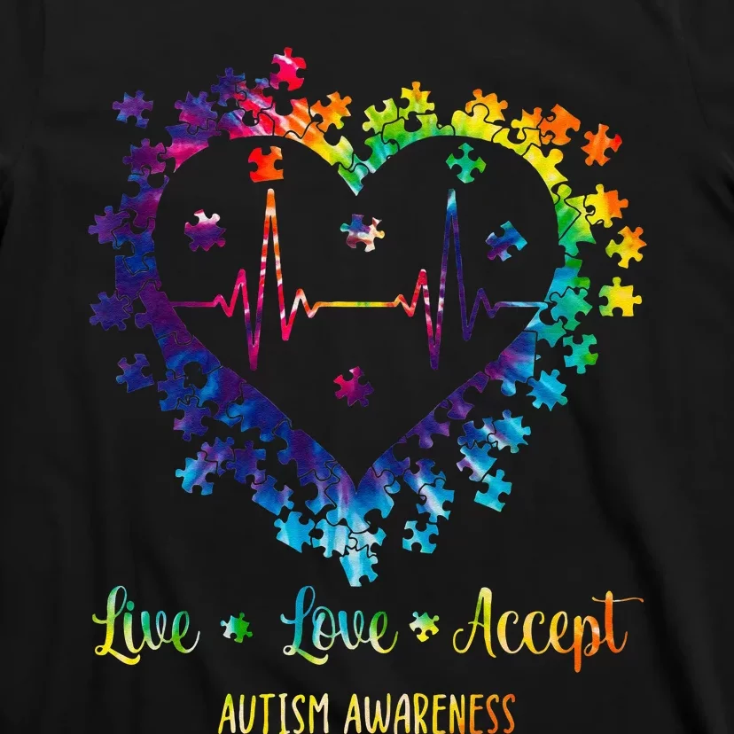 Live Love Accept Autism Awareness Tie Dye Autism Heartbeat T-Shirt