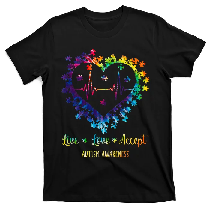 Live Love Accept Autism Awareness Tie Dye Autism Heartbeat T-Shirt