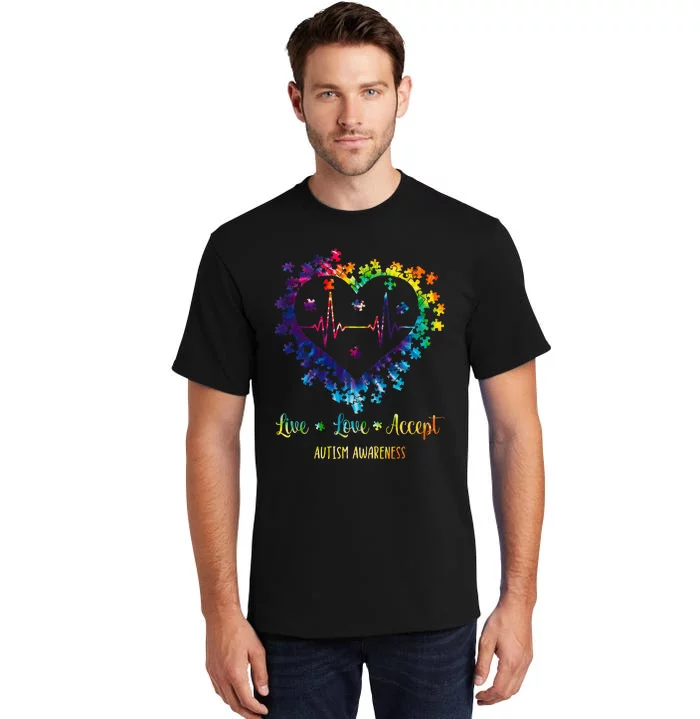 Live Love Accept Autism Awareness Tie Dye Autism Heartbeat Tall T-Shirt