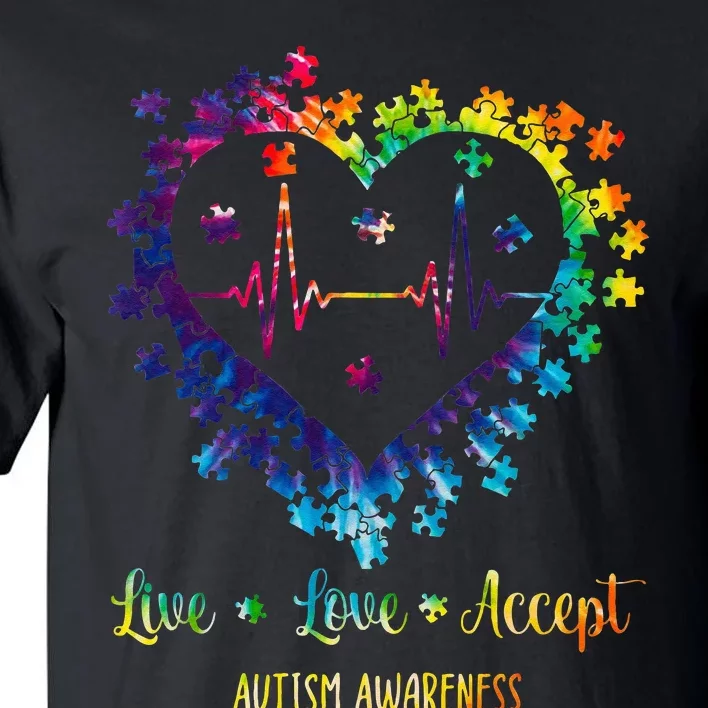 Live Love Accept Autism Awareness Tie Dye Autism Heartbeat Tall T-Shirt