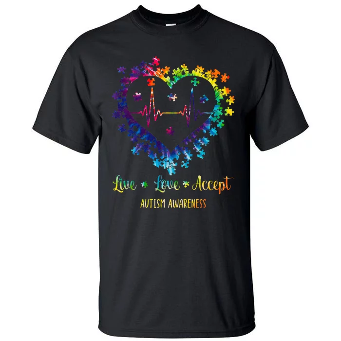 Live Love Accept Autism Awareness Tie Dye Autism Heartbeat Tall T-Shirt