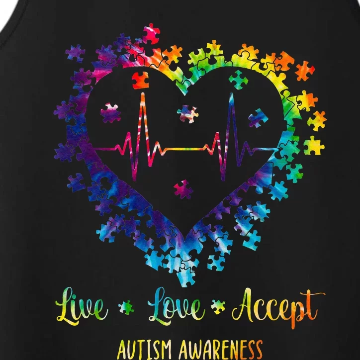 Live Love Accept Autism Awareness Tie Dye Autism Heartbeat Performance Tank