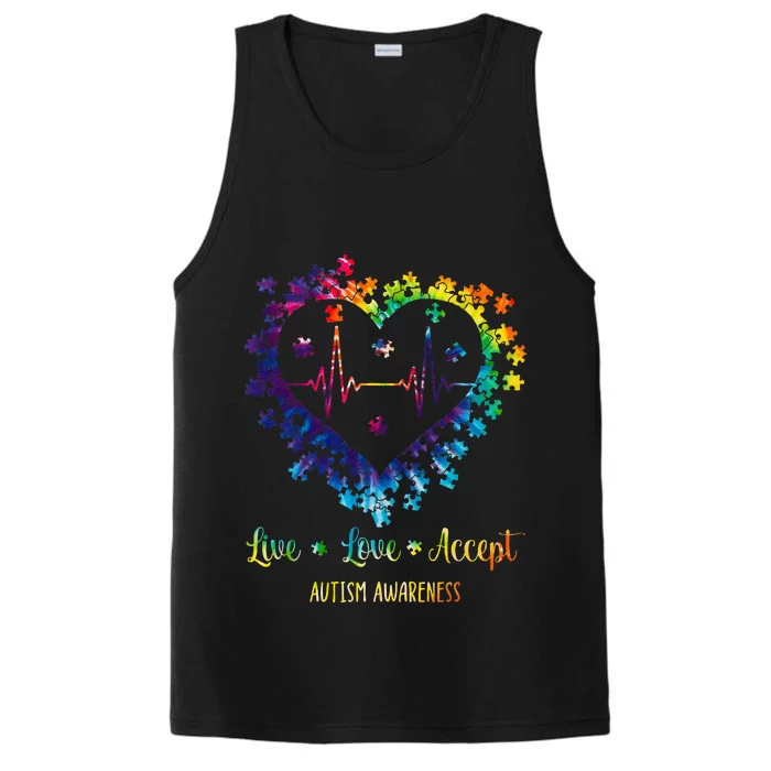 Live Love Accept Autism Awareness Tie Dye Autism Heartbeat Performance Tank