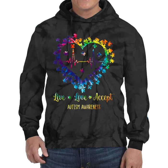 Live Love Accept Autism Awareness Tie Dye Autism Heartbeat Tie Dye Hoodie