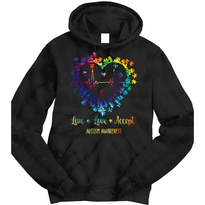 Live Love Accept Autism Awareness Tie Dye Autism Heartbeat Tie Dye Hoodie