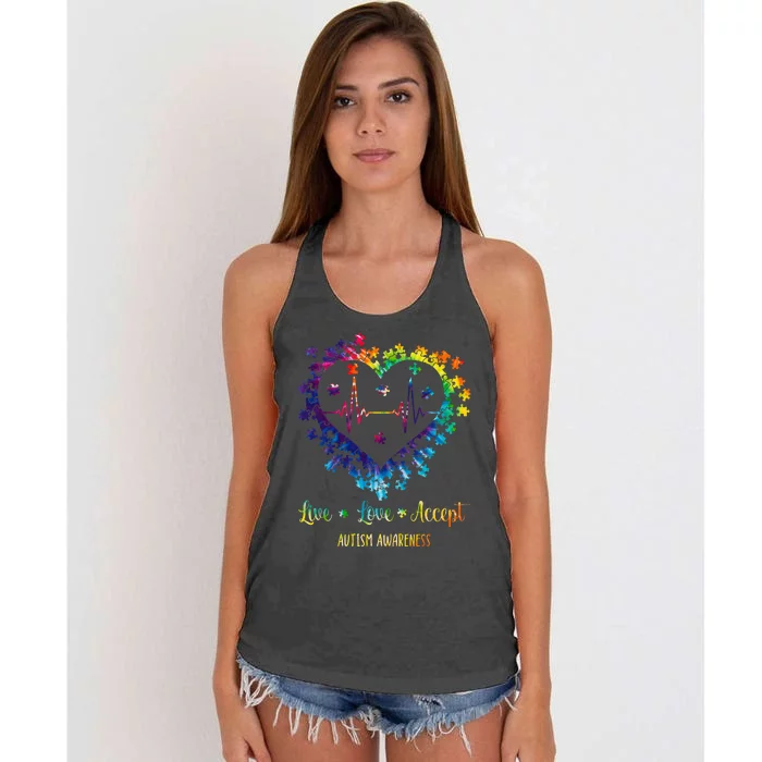 Live Love Accept Autism Awareness Tie Dye Autism Heartbeat Women's Knotted Racerback Tank