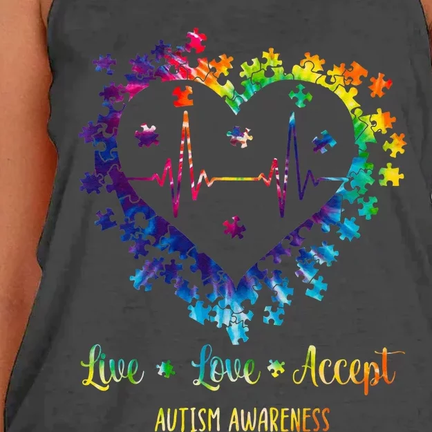 Live Love Accept Autism Awareness Tie Dye Autism Heartbeat Women's Knotted Racerback Tank