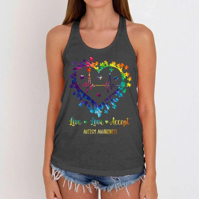 Live Love Accept Autism Awareness Tie Dye Autism Heartbeat Women's Knotted Racerback Tank