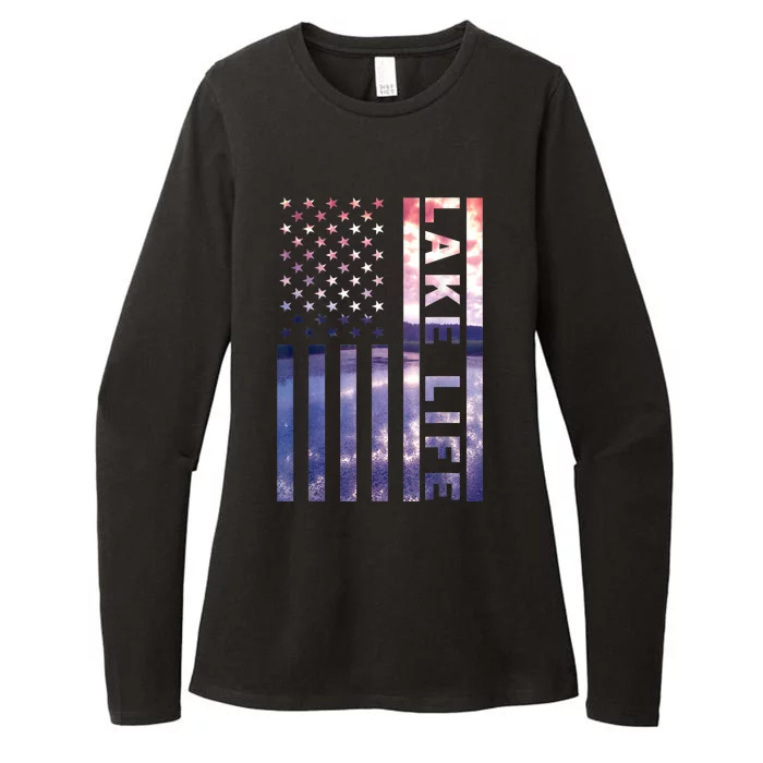 Lake Life American Flag Dock Sunset Wakeboarder Power Boat Womens CVC Long Sleeve Shirt