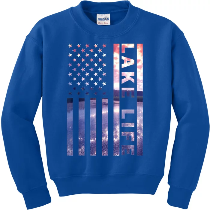 Lake Life American Flag Dock Sunset Wakeboarder Power Boat Kids Sweatshirt