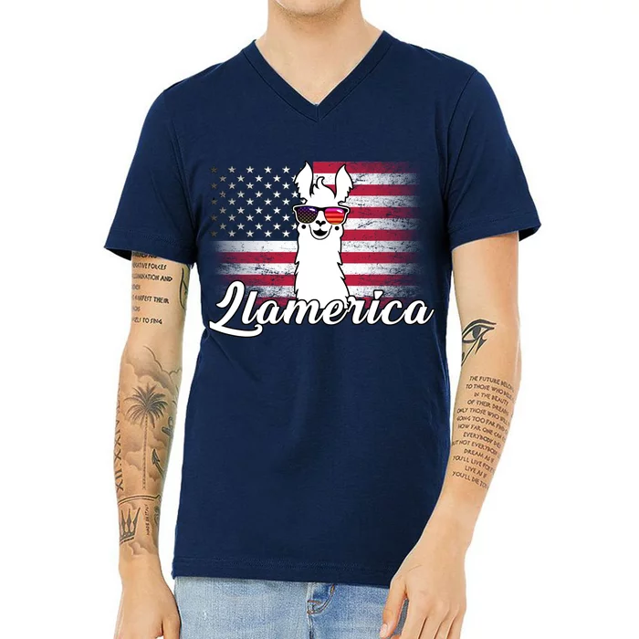 Llamerica Merica Flag V-Neck T-Shirt